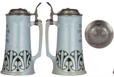 Two stoneware steins, .5L, relief, marked 450, made by Rosskopf & Gerz, gray & green glazes, Art Nouveau, pewter lid, tiny flake on handle; with, .5L, relief, marked 1933, made by Reinhold Merkelbach, designed by Karl Görig, blue glaze, Art Nouveau, pewte - 2