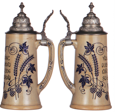 Two stoneware steins, .5L, relief, marked 450, made by Rosskopf & Gerz, gray & green glazes, Art Nouveau, pewter lid, tiny flake on handle; with, .5L, relief, marked 1933, made by Reinhold Merkelbach, designed by Karl Görig, blue glaze, Art Nouveau, pewte - 3