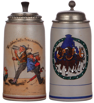 Two stoneware steins, 1.0L, transfer & hand-painted, marked Marzi & Remy, Wir stehen fest u. treu zusammen, pewter lid, wear; with, 1.0L, transfer & hand-painted, marked D.25., pewter lid is old replacement, otherwise mint.