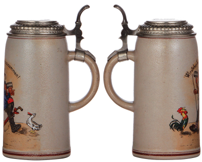 Two stoneware steins, 1.0L, transfer & hand-painted, marked Marzi & Remy, Wir stehen fest u. treu zusammen, pewter lid, wear; with, 1.0L, transfer & hand-painted, marked D.25., pewter lid is old replacement, otherwise mint. - 2