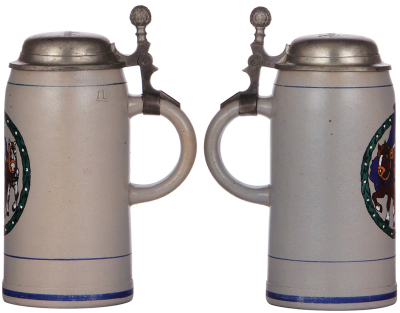 Two stoneware steins, 1.0L, transfer & hand-painted, marked Marzi & Remy, Wir stehen fest u. treu zusammen, pewter lid, wear; with, 1.0L, transfer & hand-painted, marked D.25., pewter lid is old replacement, otherwise mint. - 3