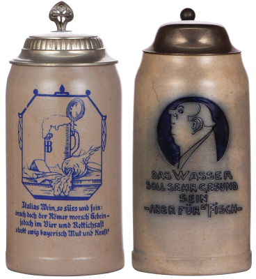 Two stoneware steins, 1.0L, transfer, pewter lid, mint; with, 1.0L, impressed, marked R. Merkelbach, 2457, by R. Ringer, metal lid, long hairline.