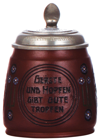 Stoneware stein, .5L, etched, marked 1181, Terra Sigillata, pewter lid: Die Pereatbrüder 1921, mint.