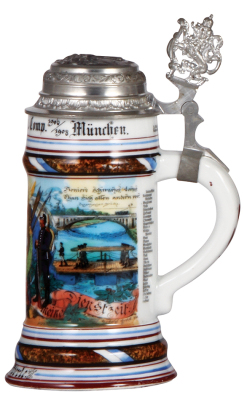 Regimental stein, .5L, 9.2" t., porcelain, 1. Comp., Kgl. bayr. 3. Pionier Bataillon, München, 1906 - 1908, two side scenes, roster, lion thumblift, named to: Friedrich Eberle, relief pewter lid with München scene, faint lithophane line, otherwise mint. - 2