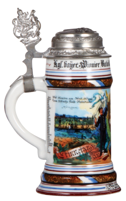 Regimental stein, .5L, 9.2" t., porcelain, 1. Comp., Kgl. bayr. 3. Pionier Bataillon, München, 1906 - 1908, two side scenes, roster, lion thumblift, named to: Friedrich Eberle, relief pewter lid with München scene, faint lithophane line, otherwise mint. - 3