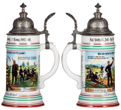 Regimental stein, .5L, 10.0" ht., porcelain, 2. Comp., Inft. Regt. Nr. 181, Chemnitz, 1907 - 1908, two side scenes, roster, Sächsen thumblift, named to: [Lehrer] Gefreiter Willy Wetzel, rare title, one lithophane line, otherwise mint. - 2