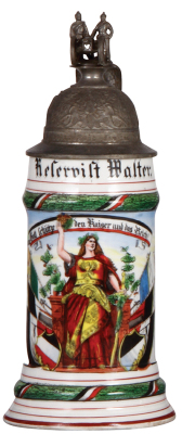 Regimental stein, .5L, 10.6'' ht., porcelain, 2. Battr., 2. Garde Feld Art. Regt., Potsdam, 1906 - 1908, two side scenes, roster, eagle thumblift, visible stanhope, named to: Reservist Walter, a few letters have slight wear. 