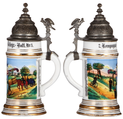 Regimental stein, .5L, 10.4" ht., porcelain, 2. Komp., Telegr. Batl. Nr. 3, 1904 - 1906, two side scenes, roster, eagle thumblift, named to: F. Beissel, excellent repair to pewter strap, a little gold wear.   - 2