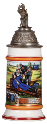Regimental stein,  .5L, 10.5" ht., porcelain, wounded Bavarian soldier and Red Cross workers, one large scene, lion thumblift, good repair to pewter strap, body mint.