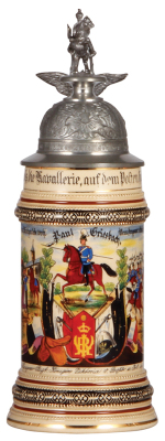 Regimental stein, .5L, 11.4" ht., pottery, 1. Esk., 1. Garde Dragoner Regt., Berlin, 1904 - 1907, two side scenes, roster, eagle thumblift, partially visible stanhope, named to: Paul Griesbach, mint.