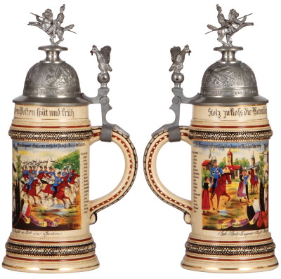 Regimental stein, .5L, 11.4" ht., pottery, 1. Esk., 1. Garde Dragoner Regt., Berlin, 1904 - 1907, two side scenes, roster, eagle thumblift, partially visible stanhope, named to: Paul Griesbach, mint. - 2