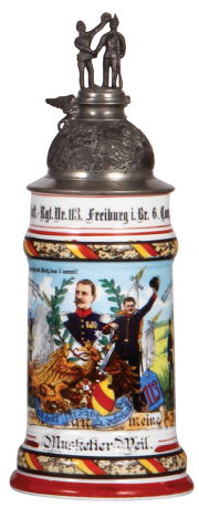 Regimental stein, .5L, 11.0" t., porcelain, 6. Comp., Inft. Regt. Nr. 113, Freiburg i. Br., 1901 - 1903, two side scenes, roster, griffin thumblift, named to: Musketier Weil, mint.