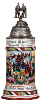 Regimental stein, .5L, 10.8" ht., porcelain, 5. Batt., Lehr Regt. der Feld Artl. Schiess-Schule, Jüterbog, 1904 - 1906, two side scenes, roster, eagle thumblift, named to: Reservist Pilgrimm, epaulet of Feld Artl. Regt. Nr. 5 [Silesian], rare units, mint.