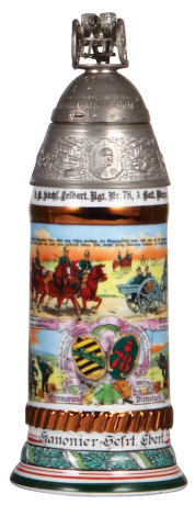 Regimental stein, .5L, 11.3" ht., porcelain, 3. Batt., Feld Artl. Regt. Nr. 78, Würzen, 1911 - 1913, four side scenes, roster, Sächsen thumblift, screw-off lid, named to: Kanonier Gefrt. Ebert, mint.