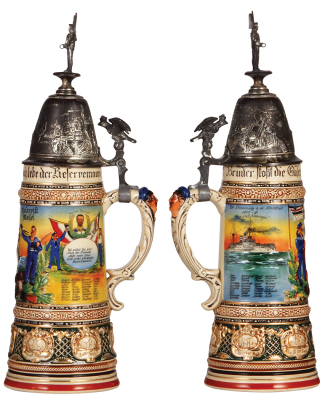 Regimental stein, 1.0L, 14.5" ht., pottery, S.M.S. Zaehringen, 1907 - 1910, two side scenes, roster, eagle thumblift, partially visible stanhope, named to: Reservist Meisel, factory chip under base, mint. - 2
