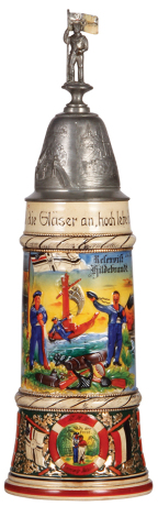 Regimental stein, 1.0L, 15.1" ht., pottery, S.M.S. Schleswig Holstein, 1910 - 1913, two side scenes, roster, eagle thumblift, named to: Reservist Hildebrandt, mint.