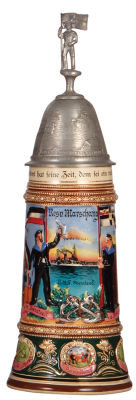 Regimental stein, 1.0L, 14.8" ht., pottery, S.M.S. Rheinland, 1910 - 1913, two side scenes, roster, eagle thumblift, named to: Resv. Marschang, mint.
