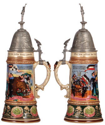 Regimental stein, 1.0L, 14.8" ht., pottery, S.M.S. Rheinland, 1910 - 1913, two side scenes, roster, eagle thumblift, named to: Resv. Marschang, mint. - 2