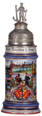 Regimental stein, .5L, 11.4" ht., stoneware, 3. Comp., Kgl. bayr. 1. u. 4. Pionier Bataillon, Ingolstadt, 1911 - 1913, four side scenes, roster, lion thumblift, named to: Pionier Schmitt, very good repair of pewter tears at rear of lid & strap, otherwise 