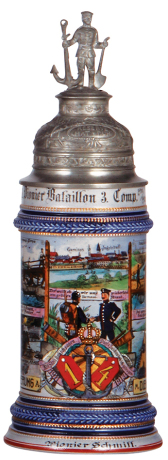 Regimental stein, .5L, 11.4" ht., stoneware, 3. Comp., Kgl. bayr. 1. u. 4. Pionier Bataillon, Ingolstadt, 1911 - 1913, four side scenes, roster, lion thumblift, named to: Pionier Schmitt, very good repair of pewter tears at rear of lid & strap, otherwise