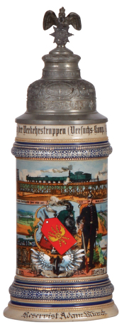 Regimental stein, .5L, 11.2" ht., stoneware, Versuchs Abteilung der Verkehrstruppen [Versuchs-Komp.], Berlin-Schöneberg, 1907 -1909, six side scenes roster, winged-wheel thumblift, named to: Reservist Adam Münch, very rare, mint.