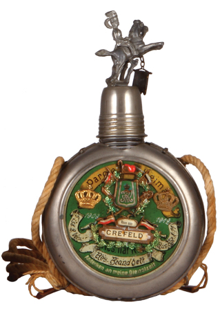 Regimental flask, .25L, glass & metal case, 5. Esk., Husar Nr. 11, Crefeld, 1909 - 1912, named to: Res. Brandhett, rear of case opens, some wear.