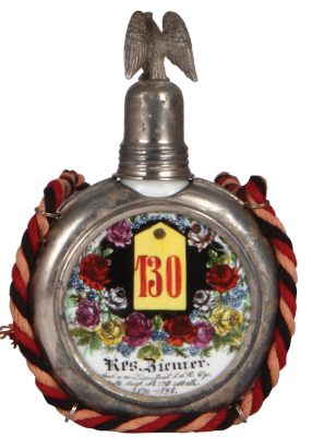 Regimental flask, .25L, porcelain, 10. Comp., Inft. Regt. Nr. 130, Metz, 1896 - 1898, named to: Res. Biemer, very good condition. - 2