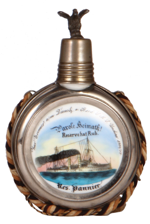 Regimental flask, .25L, porcelain, S. M. S. Undine, 1904 - 1907, named to: Res. Pannier, rare ship, very good condition.
