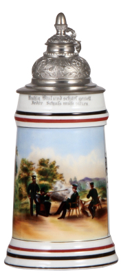 Regimental stein, .5L, 9.0" ht., porcelain, Prämien Schiessen, Dem besten Schützen der I. Insp: 4. Comp. Hanö., Jäger Bataillon Nr. 10 in Cölmar i./Els., 1894, one large side scene, wreath thumblift, mint.