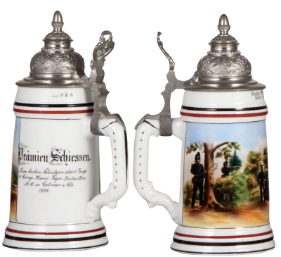 Regimental stein, .5L, 9.0" ht., porcelain, Prämien Schiessen, Dem besten Schützen der I. Insp: 4. Comp. Hanö., Jäger Bataillon Nr. 10 in Cölmar i./Els., 1894, one large side scene, wreath thumblift, mint. - 2