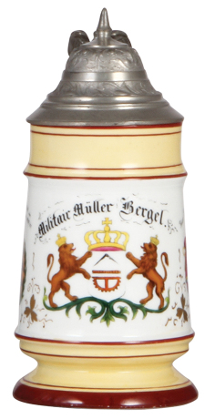 Regimental stein, .5L, 8.3" ht., porcelain, Müller Abthl., Dresden - Plauen, 1895 - 1897, two side scenes, roster, eagle thumblift, named to: Militair Müller Bergel, rare unit, mint.