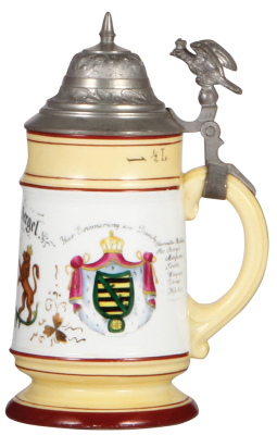 Regimental stein, .5L, 8.3" ht., porcelain, Müller Abthl., Dresden - Plauen, 1895 - 1897, two side scenes, roster, eagle thumblift, named to: Militair Müller Bergel, rare unit, mint. - 2