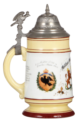 Regimental stein, .5L, 8.3" ht., porcelain, Müller Abthl., Dresden - Plauen, 1895 - 1897, two side scenes, roster, eagle thumblift, named to: Militair Müller Bergel, rare unit, mint. - 3