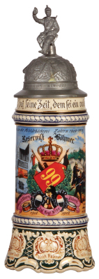 Regimental stein, .5L, 12.0'' ht., pottery, 6. Comp., Inft. Regt. Nr. 99, Zabern, 1908 - 1909, And. an die Militärbäckerei, Zabern, 1909 - 1910, two side scenes, eagle thumblift, named to: Res. Böhmer, good repair of pewter tear & strap, body mint 