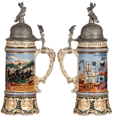 Regimental stein, .5L, 12.0'' ht., pottery, 6. Comp., Inft. Regt. Nr. 99, Zabern, 1908 - 1909, And. an die Militärbäckerei, Zabern, 1909 - 1910, two side scenes, eagle thumblift, named to: Res. Böhmer, good repair of pewter tear & strap, body mint  - 2