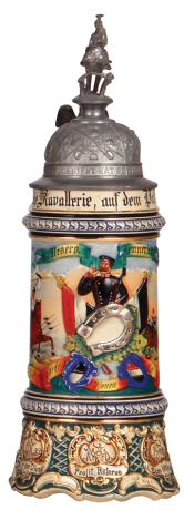 Regimental stein, .5L, 12.2'' ht., pottery, 2. Esk., 1. Garde Ulanen Regt., Potsdam, 1904 - 1907, two side scenes, eagle thumblift, named to: Reserv. Jennerke, mint.