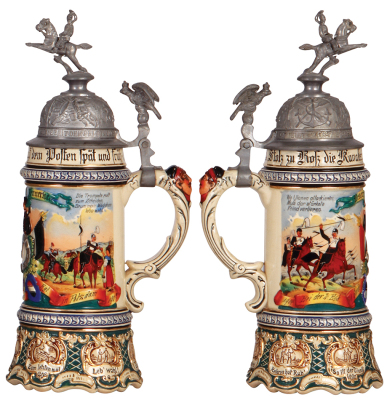 Regimental stein, .5L, 12.2'' ht., pottery, 2. Esk., 1. Garde Ulanen Regt., Potsdam, 1904 - 1907, two side scenes, eagle thumblift, named to: Reserv. Jennerke, mint. - 2