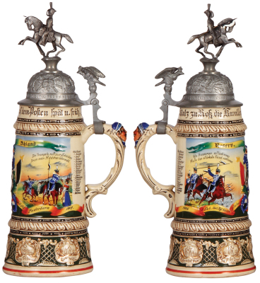 Regimental stein, 1.0L, 13.8" ht., pottery, 2. Esk., Husaren Regt. Nr. 8, Paderborn, 1906 - 1909, two side scenes, roster, eagle thumblift, named to: Reserv. Ahland, replaced correct finial, body mint. - 2