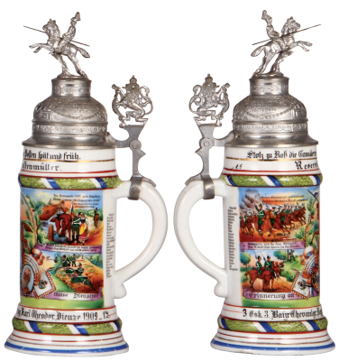 Regimental stein, .5L, 12.1'' ht., porcelain, 3. Esk., 3. bayr. Chevauleger Regt., Dieuze, 1909 - 1912, four side scenes, roster, lion thumblift, named to: Reservist Kastenmüller, mint.  - 2