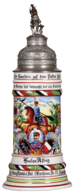 Regimental stein, .5L, 12.6" ht., porcelain, 5. Esk., Husar Regt. Nr. 13, Diedenhofen, 1908 - 1911, four side scenes, roster, eagle thumblift, named to: Husar Albig, mint.