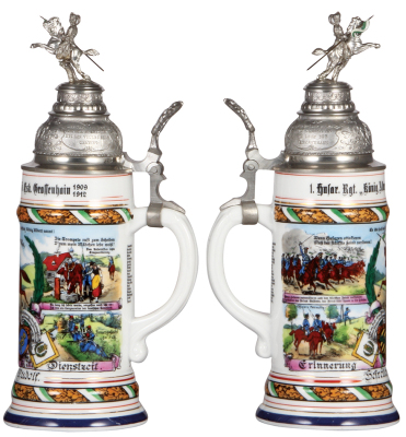 Regimental stein, .5L, 12.2" ht., porcelain, 5. Esk., Husaren Regt. Nr. 18, Grossenhain, 1909 - 1912, four side scenes, roster, Sächsen thumblift, named to: Gefreiter Karl Rudolf, mint. - 2