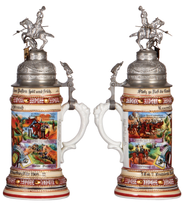 Regimental stein, .5L, 13.0" ht., porcelain, 3. Esk., Ulanen Regt. Nr. 11, Saarburg, 1909 - 1912, four side scenes, roster, eagle thumblift, named to: Reservist Gefreiter Strauch, faint lithophane lines, slight word wear. - 2