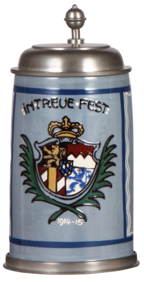 Stoneware stein, 1.0L, relief & hand-painted, In Treue Fest, 1914 - 1915, pewter lid, mint.