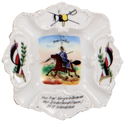 Regimental ashtray, 6.2'' d. porcelain, Husaren Regt. Nr. 15, Wandsbek, mint.