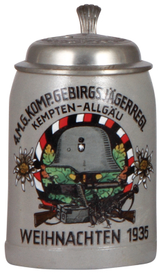 Third Reich stein, .5L, stoneware, 4. M. G. Komp., Gebirgs Jäger Regt., 1935, owner's name on pewter lid with relief helmet with swastika, excellent pewter strap repair, body mint.