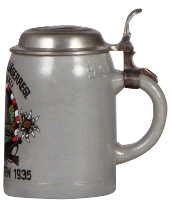 Third Reich stein, .5L, stoneware, 4. M. G. Komp., Gebirgs Jäger Regt., 1935, owner's name on pewter lid with relief helmet with swastika, excellent pewter strap repair, body mint. - 2