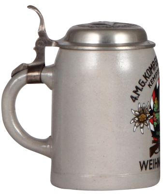 Third Reich stein, .5L, stoneware, 4. M. G. Komp., Gebirgs Jäger Regt., 1935, owner's name on pewter lid with relief helmet with swastika, excellent pewter strap repair, body mint. - 3