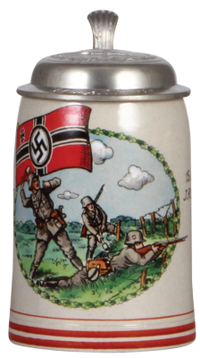 Third Reich stein, .5L, stoneware, Für gute Schiessleistung, 15. [E.] Komp., I. R. 19, Freising, owner's name, relief pewter lid with helmet & swastika, mint.