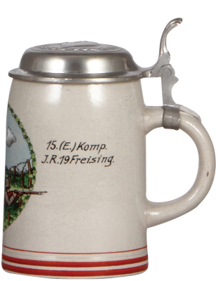 Third Reich stein, .5L, stoneware, Für gute Schiessleistung, 15. [E.] Komp., I. R. 19, Freising, owner's name, relief pewter lid with helmet & swastika, mint. - 2