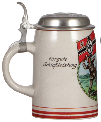 Third Reich stein, .5L, stoneware, Für gute Schiessleistung, 15. [E.] Komp., I. R. 19, Freising, owner's name, relief pewter lid with helmet & swastika, mint. - 3